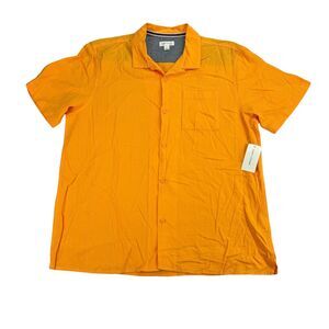Sun + Stone Mens Easton Dobby Rayon Short Sleeve Camp Button Down Shirt Orange L